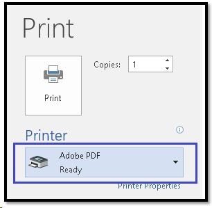 Print to Adobe PDF printer options in Word.