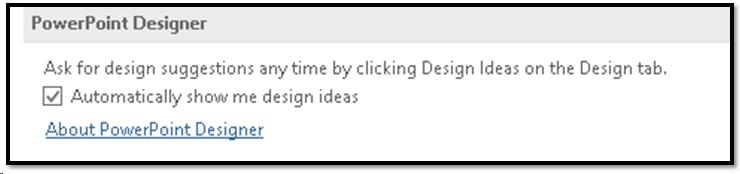 PowerPoint Designer setting in the PowerPoint Options dialog.