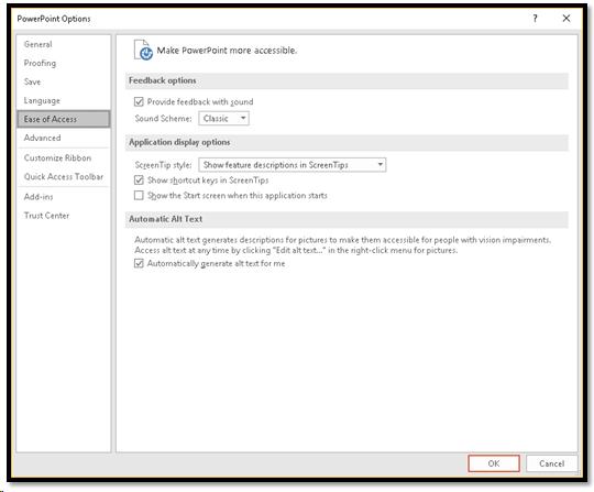 Word Options, Ease of Access settings.