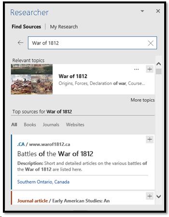 Researcher in Word for Windows showing results for War of 1812.