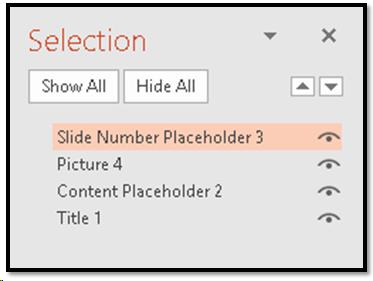 Selection Pane showing the Slide Number Placeholder as the last item to be tabbed to.