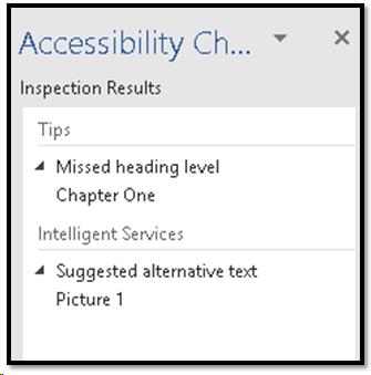 Accessibility Checker resultsshowing tip for Heading levels and suggested Alt Text for a picture.