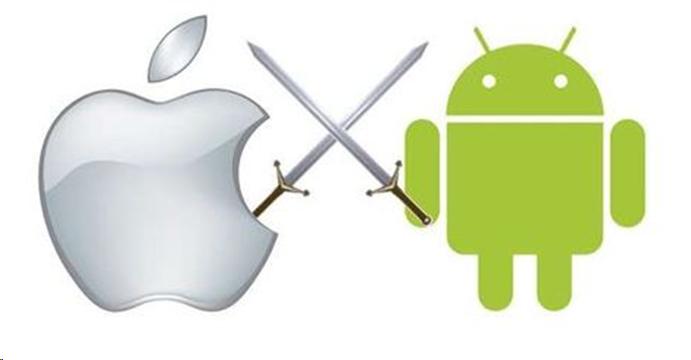 Image of Apple logo and android logo fighting with swords