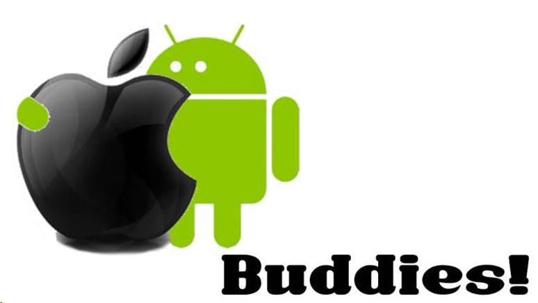 Image of android logo hugging Apple logo and the word Buddies underneath