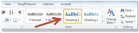 Screenshot showing Heading 1 selected in Styles group of Home tab on MS Word ribbon.