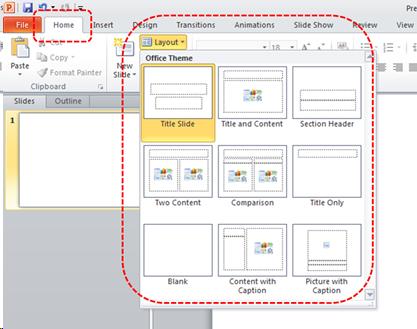 Screen shot of powerpoint ribbon with Home tab selected showing Layout options from the Layout drop-down menu.