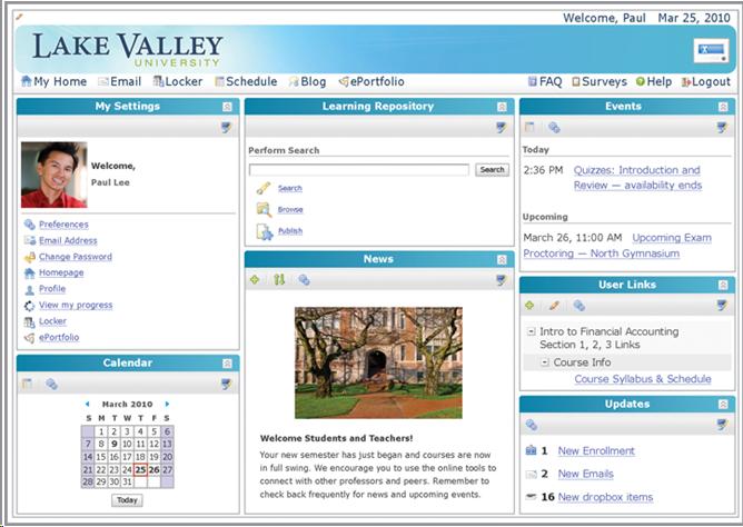 Home pages in Desire2Learn's Learning Environment include a number of sub-sections such as "My Settings", "News" and "Evenets".  Each of these sub-sections is preceeded by a heading.