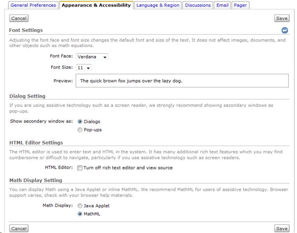 The "appearance and accessibility" tab on the preferance page includes preferences for font settings, dialog setting, HTML editor settings and math display settings.