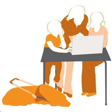 A line drawing with 2 children and a woman talking about a computer screen.  A guide dog, ironically still in its harness, lies patiently at their feet.