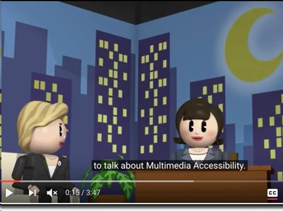Avatar characters discuss Multimedia Accessibility. Closed captions are turned on.