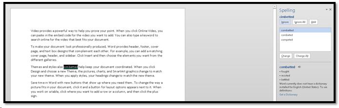 Spell Check Pane showing misspelled word and word highlighted in text
