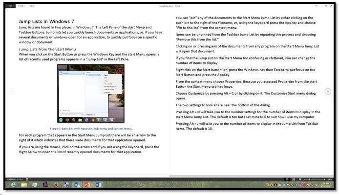 Article on Jump Lists in windows 7 shown in Reading Mode.