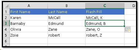 Flash Fill with last name and first initial separated by a comma