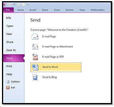 Send to Word option from the Backstage area.
