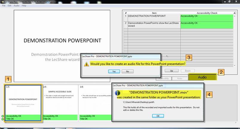 Screenshot of the first 4 steps for adding audio to the presentation 1.Select the slide you want to add the audio to 2. Click on the 'Audio' button 3. select yes in the dialog box that appears asking if you want to create an audi file for this power point presentation 4. Click OK on the dialog box that sais that the persentationX.mov file was created in the same folder as your PowerPoint