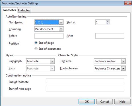 Screenshot of Footnote Settings Dialog box