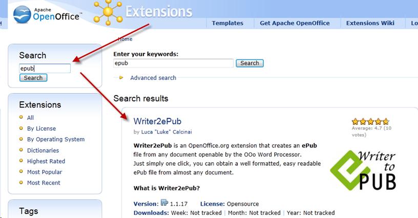 Open Office Search for Extension Screenshot