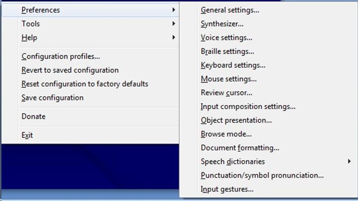 Screenshot of NVDA settings menu  