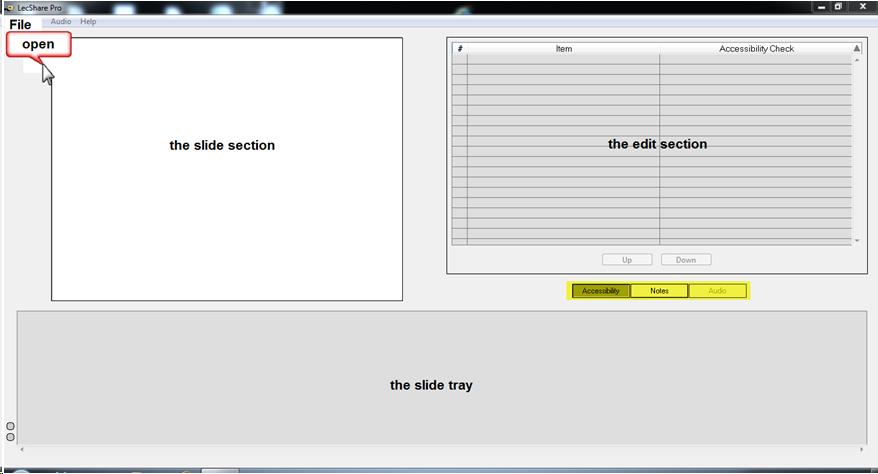 screenshot of the lecshare workspace.  IT has 3 main section First, at the bottom and all across the screen it is the slides trade, where a thumbail of each of the slides is shown. Above it on the right side, it is a place to enlarge the slide is selected on the slides trade.  Finally on the left, it is the section where all the aditions or editions can be done to the slides. It has one or more text edit fields, depending on which of the 3 buttons that it has we pick, and they are Accessibility, Notes and Audio