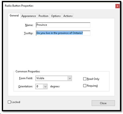 Radio Button Properties dialog showing ToolTip.