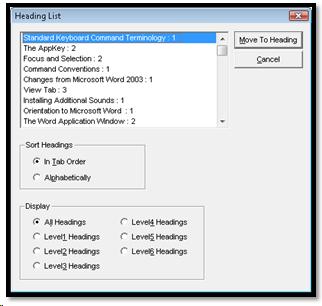 List of headings in a Word document from the JAWS screen reader.