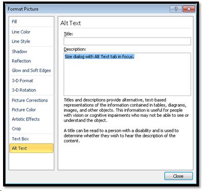 Word 2010 Alt Text category in Format Picture dialog.