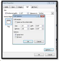 Table properties, cell tab, Cell Margins dialog.