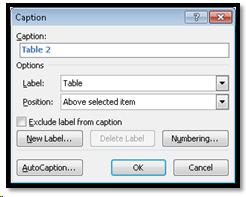 Table caption dialog