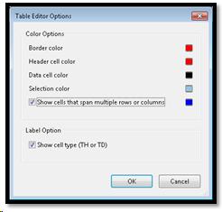 Table Editor options dialog.