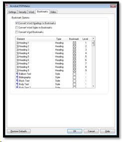 Bookmarks settings in Acrobat conversion settings for Microsoft Office.