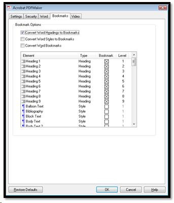 Bookmarks settings in Acrobat conversion settings for Microsoft Office.