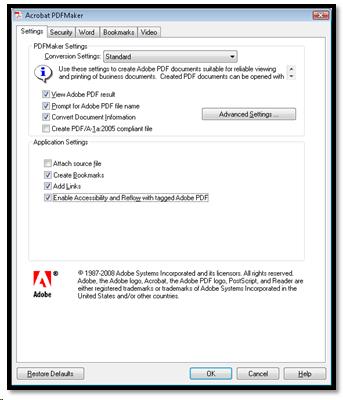 General settings in Acrobat conversion settings for Office.