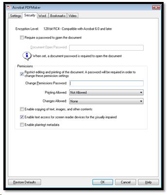 Security settings in Acrobat conversion settings in Office.