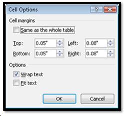 Cell options dialog for changing cell margins.