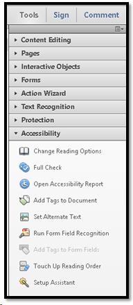 Tools Panel in Acrobat XI showing Accessibility tools