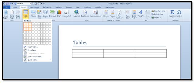Inserting a table into a Word document.