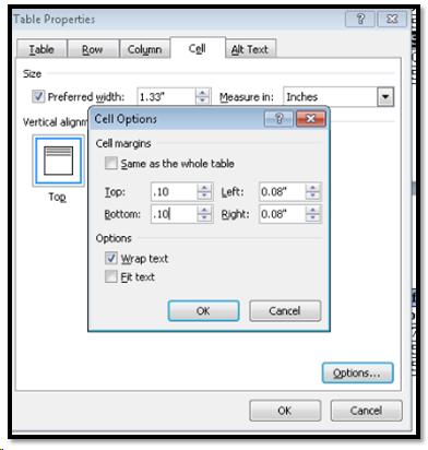 Table properties, cell tab, Cell Margins dialog.