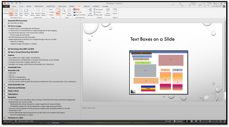Outline Pane of slide presentation
