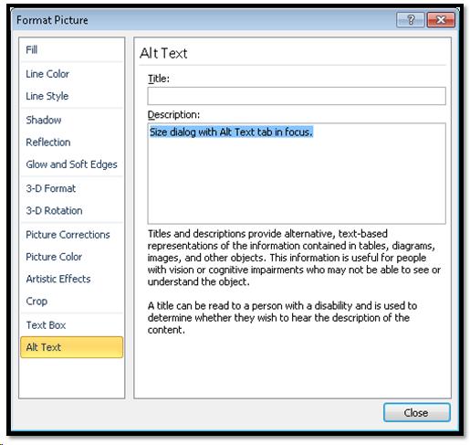 Word 2010 Alt Text category in Format Picture dialog.