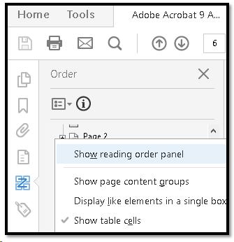 Show TouchUp REading Order Tool from Order Panel.