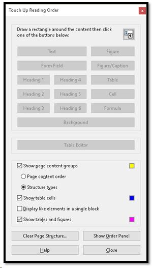 TouchUp Reading Order Tool with no content selected.