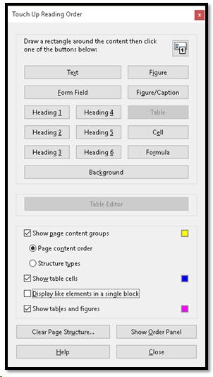 TouchUp Reading Order Tool with content selected