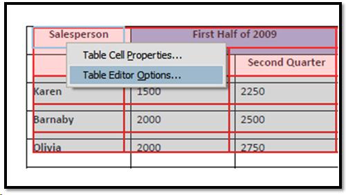 Context menu for table while Table Inspector is active.