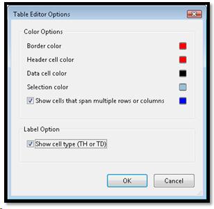 Table Inspector Options dialog.