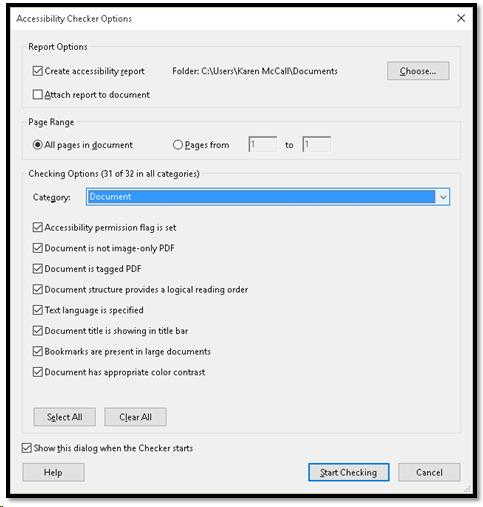 Accessibility Full Check dialog in Adobe Acrobat Pro DC