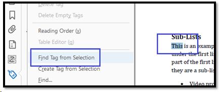 Select content in document, choose Find Tag from Selection.