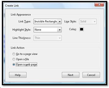 Create Link dialog with a link to open a web page selected.