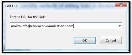 Edit link dialog where the e-mail address is entered.