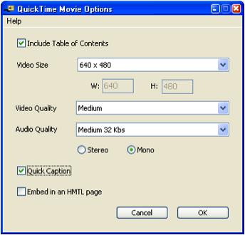 the QuickTime movie export options, which include the table of contents, video size, video quality, audio quality, captions, and embedding it in an HTML page