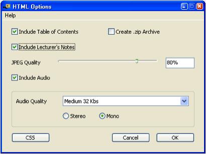 the html export options, including the table of contents, zip archive, lecturer's notes, image quality, audio quality, and CSS options